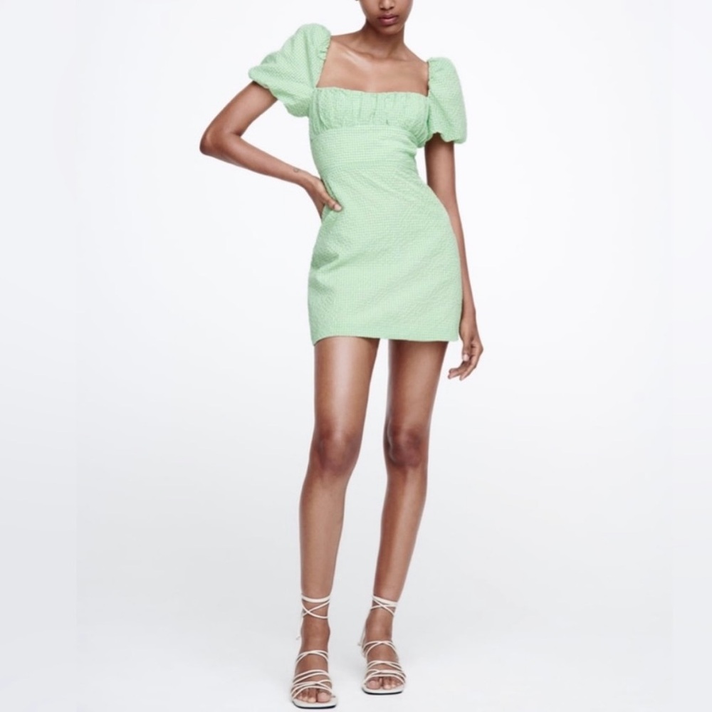 NWT Zara Lace Up Back Mini Dress Puff Sleeve Gingham Green and White Size Medium - Picture 4 of 12
